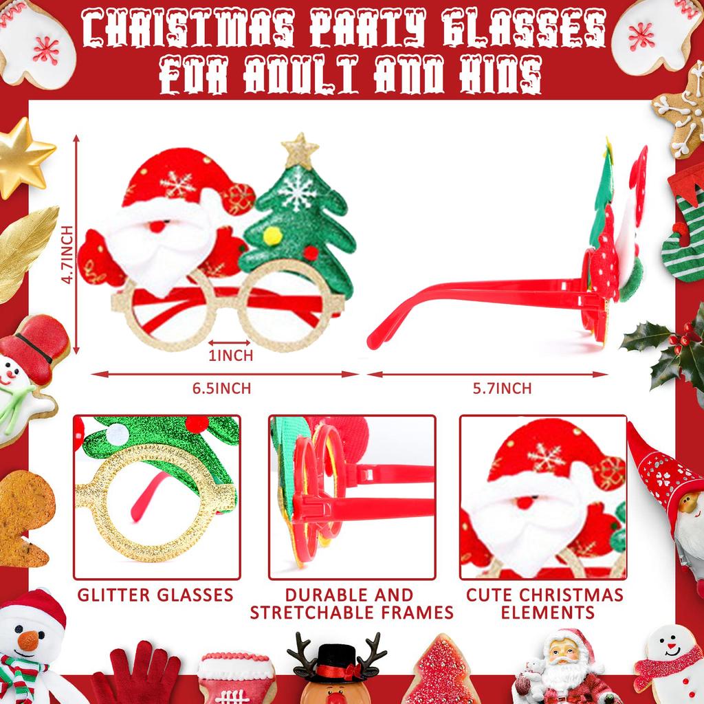 Christmas Glasses Glitter, Party Glasses Frames Christmas Decorations Costume Photo Booth Props for Christmas Party Supplies