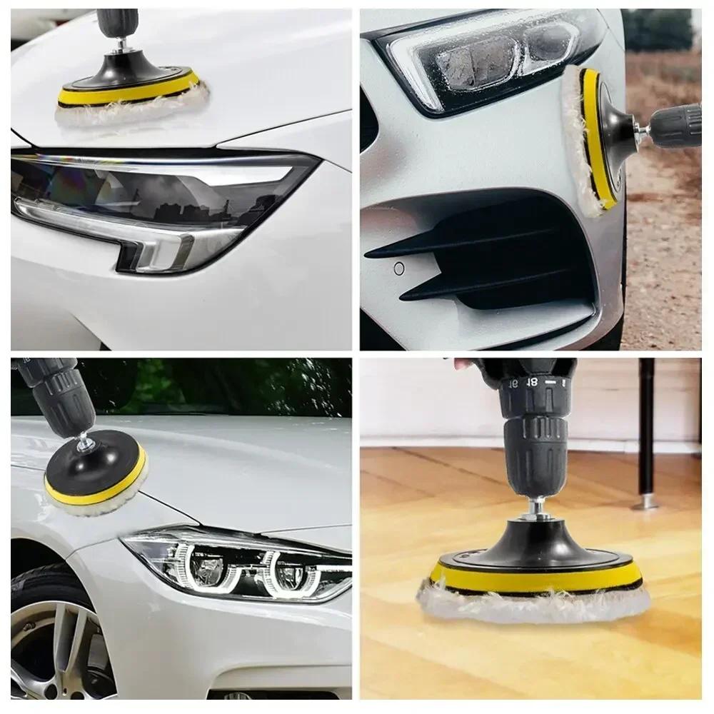 5Pcs Wool Car Polishing Pad Set with Buffing Wheel,Drill Adapter for Polisher Machine Auto Paint Care Waxing Buffing Pads Kit
