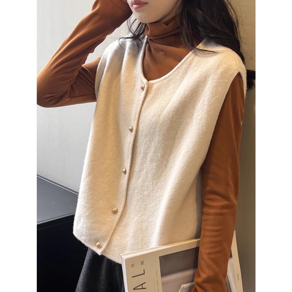Crew Neck Women's Korean Solid Button Short Sleeve Cardigan Coats Sweater Knitted Sleeveless Ladies Elegant Tanks Bottoming