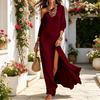 Damen One-Shoulder Maxikleid mit hohem Schlitz Langarm Locker Fließend Strand Sommerkleid Lässig Reise Urlaub Gestricktes Langes Kleid