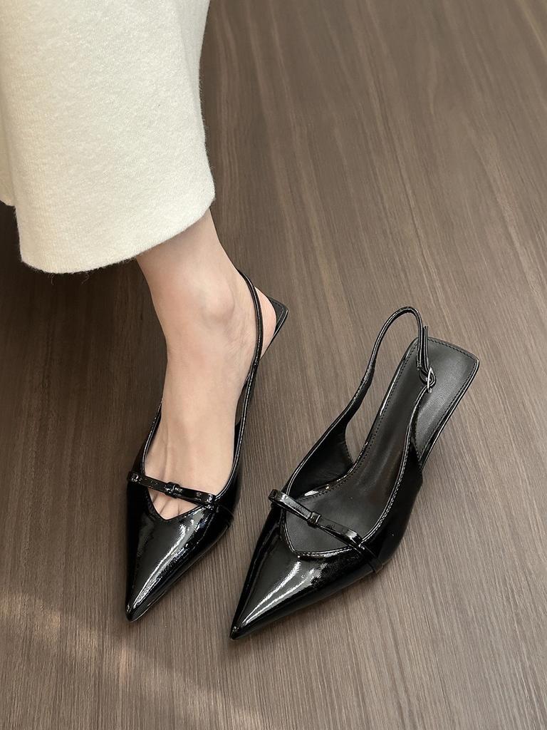 Black patent leather pointed high heels women's bag head sandals women's spring and summer bow thin heel empty shoes