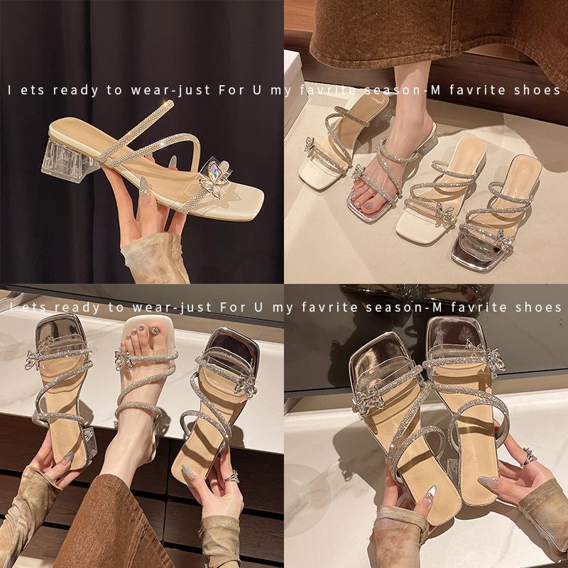 French thick-heeled slippers for women's summer wear 2025 new bow rhinestone temperament high-heeled crystal sandals for women