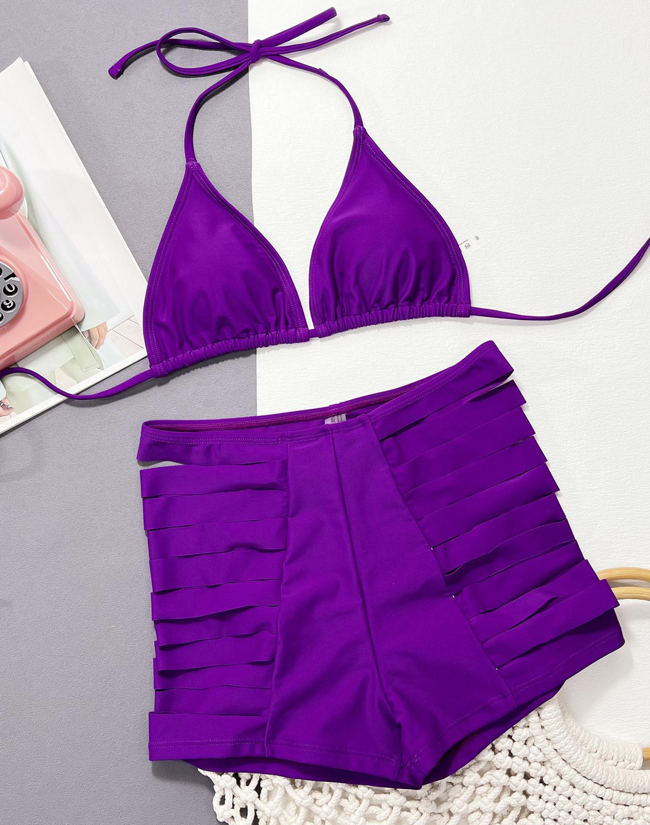 

Сексуальный женский купальник, однотонный купальник с бретелькой на шее и завязками на спине, комплект бикини с высокой талией и вырезом, пляжная одежда, купальные костюмы L фиолетовый