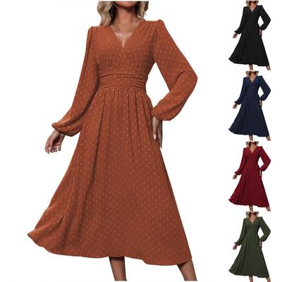 Vestido Versátil Feminino da Moda de Cor Sólida com Decote V e Manga Comprida Plissado