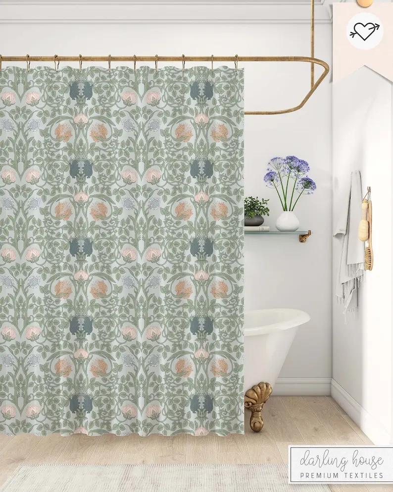 Vintage sage green and blue botanical shower curtain, country style bathroom decor, antique art nouveau style for bathroom 90X180cm