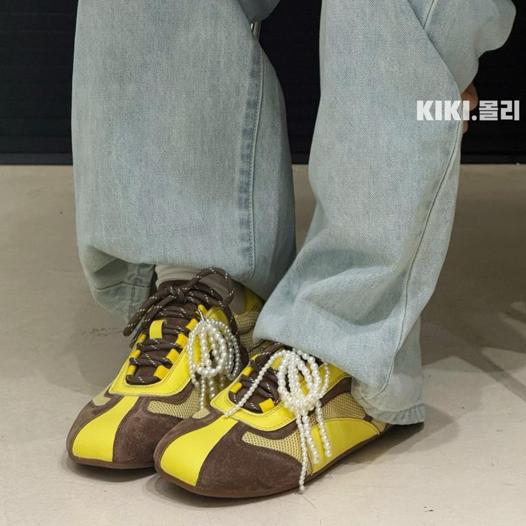 Leather double color ribbon inner height increase German training shoes women's 2025 spring soft sole beaded bow mesh Forrest Gump casual shoes