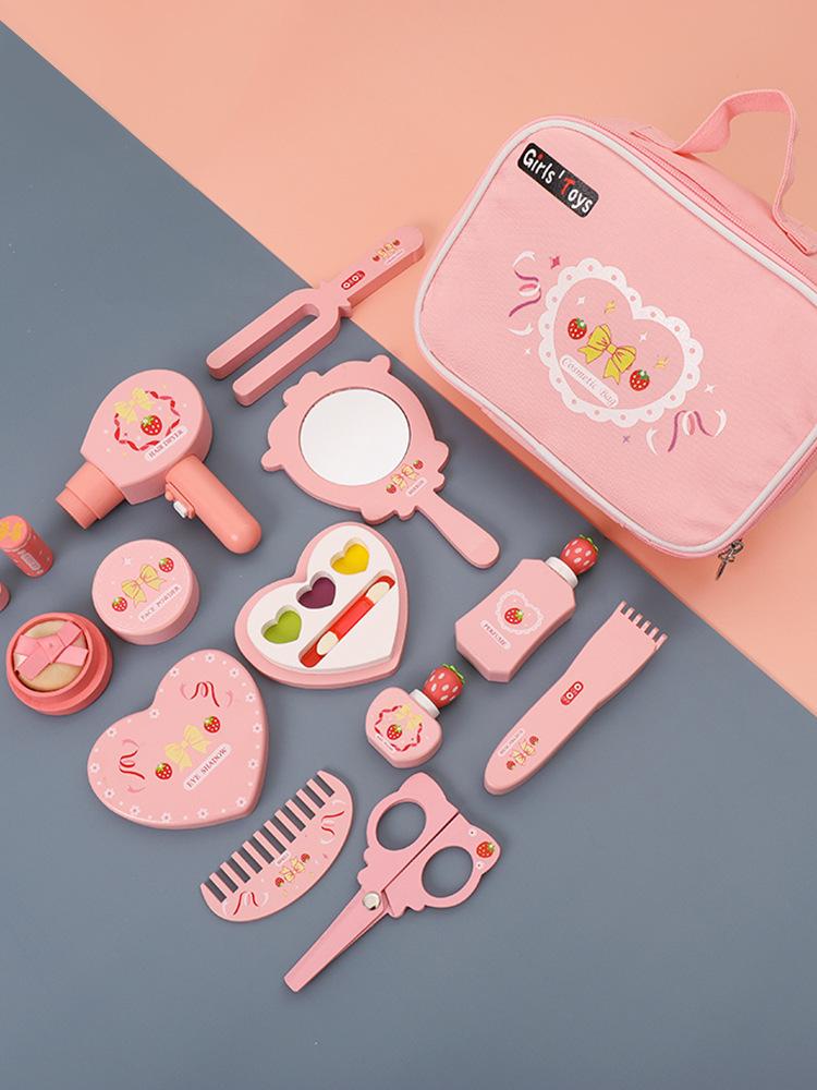Children Pretend Play Pink Makeup Bag Wooden Play House Toys Simulation Girl Make Up Set Dressing Table Cosmetics Toys Gift