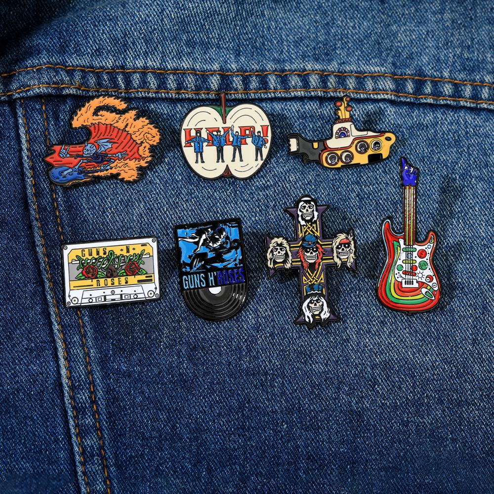 7Styles Hip Hop Gun Roses Theme Enamel Brooches Skull Cross Guitar Tape Shaped Music Pins