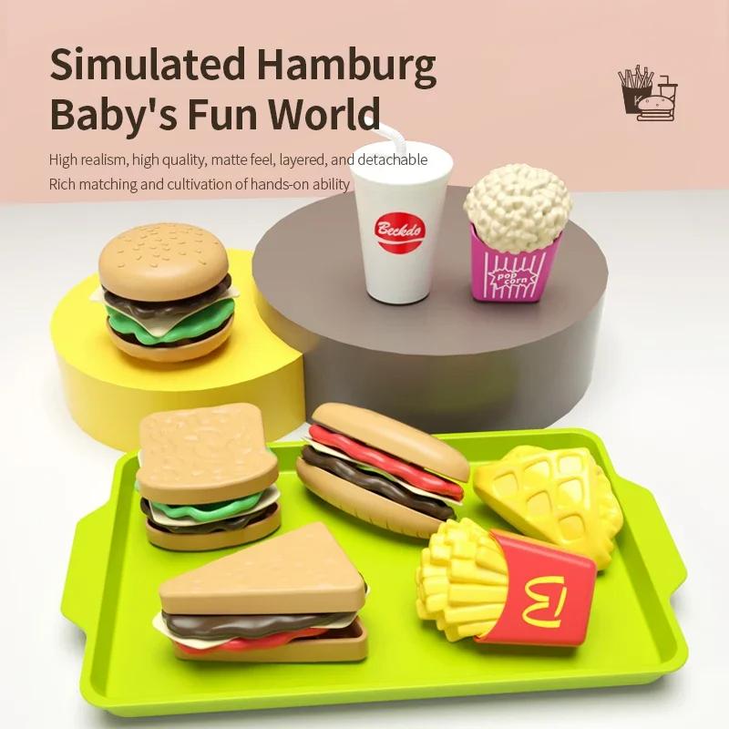 9 PCS Detachable Plastic Hamburger Pretend Toy Fast Food Play Set for Kids with Hamburger Fries Coke Sandwich Popcorn and Tray