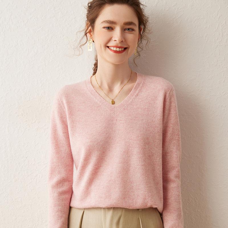 2025 Autumn/Winter Women's V-Neck Cashmere Sweater - Loose Fit, Thin Base Layer, Solid Color