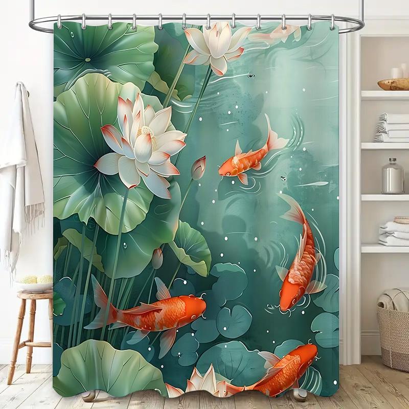 Elegant Chinese Style Lotus Koi Fish Waterproof Shower Curtain For Bathroom Decor Enhancing Aesthetic Atmosphere Rustproofhooks