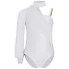 Girls Dance Leotard One Shoulder Design Mock Neck Long Sleeve Ruched Mesh Overlay Performance Bodysuit