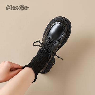 Autumn Winter Plush Thick Sole Loafers Black Lace Up Retro British Style Leather Mid Heel Pumps Shoes for Women Zapatos De Mujer