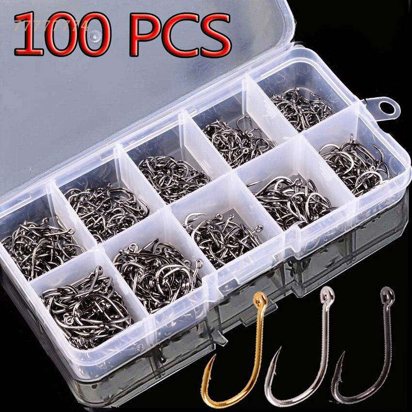 100Pcs Carbon Steel Fishing Hooks Set Single Circle Barbed Carp Hooks Fly Fishing Jip Sea Tackle Accessories