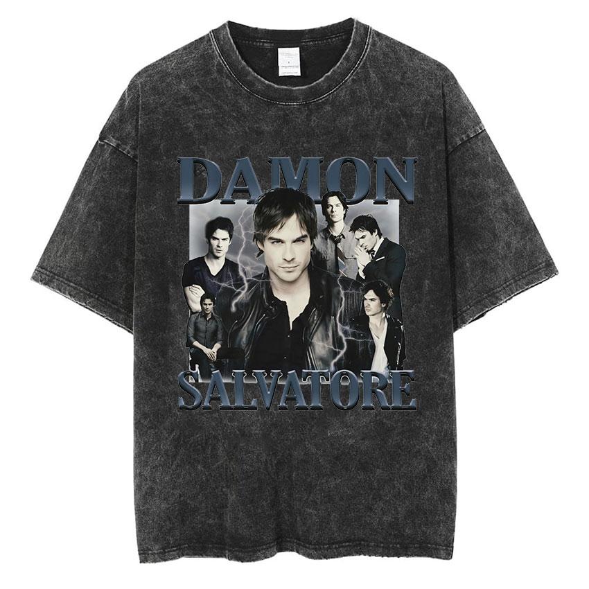 Damon Salvatore Grafica Vintage Lavata Maglietta Uomo Donna Abbigliamento Moda Harajuku T-Shirt Larga Oversize Manica Corta Magliette