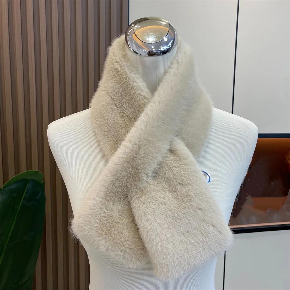 Women Winter Warm Thicken Cross Collar Scarf Solid Color Faux Rabbit Fur Cold Proof Scarves Fashion Soft Furry Neck Warmer