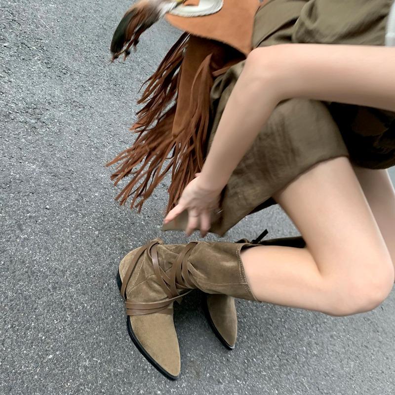 Sheepskin~ Leather Pointed Pile Boots Women's Western Cowboy Boots Vintage Strap Mid-Tall Knight Boots