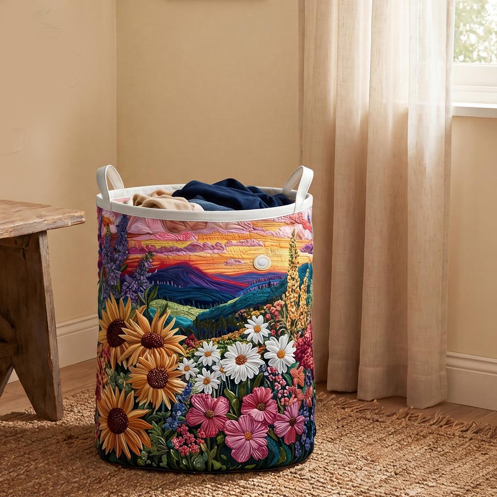 Foldable Laundry Hamper Basket Reusable Boho Quilted Laundry Baskets Fabric Floral Storage Hamper for Nursery Laundries Room