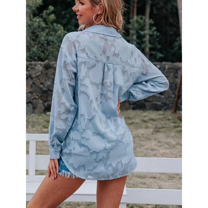 Blusa Feminina Elegante com Estampa Floral Lilás | Decote Chique com Abertura e Mangas Babados | Roupa Casual a Formal para Primavera/Verão/Outono