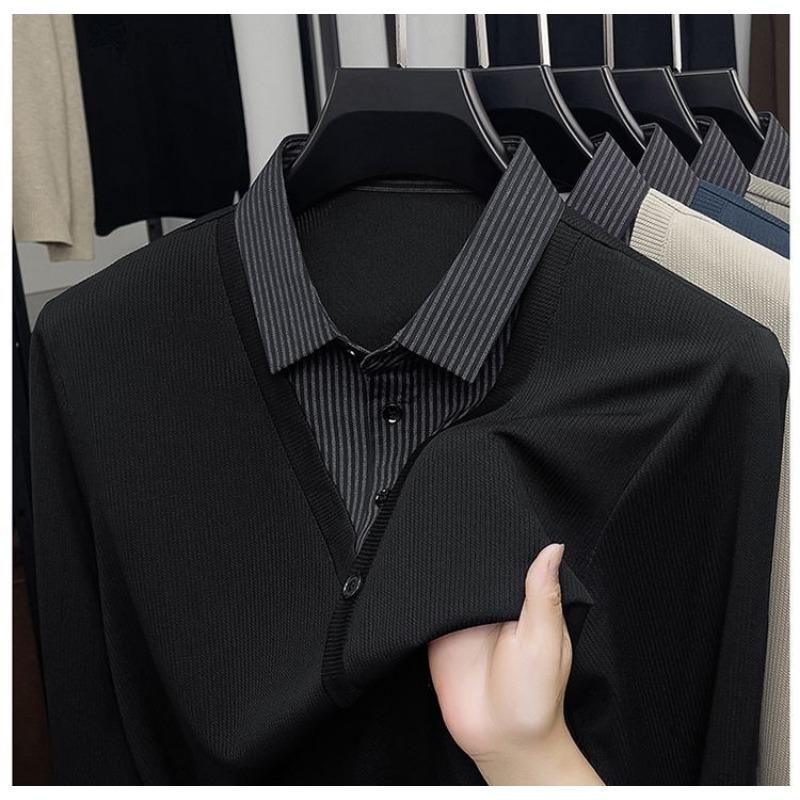 Men S Fake Two Piece Knit Sweater Shirt Collar Business Autumn Top