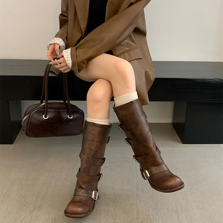 Retro belt buckle boots women's 2025 autumn and winter new thin tall knight boots thick heel large size western cowboy boots