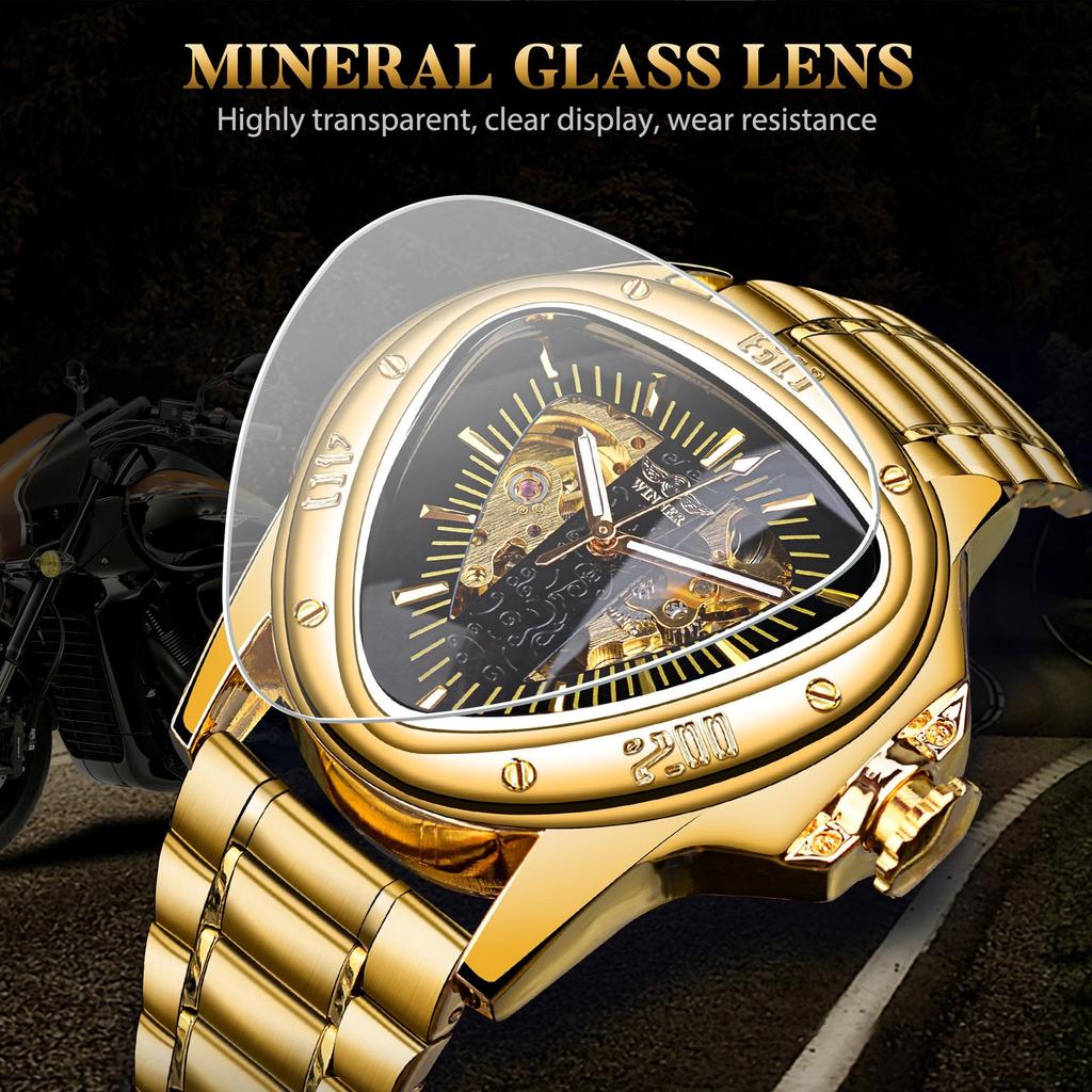 WINNER Herren Automatikuhren für Herren Luxus Hohl Dreieck Herren Mechanische Armbanduhren Skelett Wasserdicht Reloj Hombre