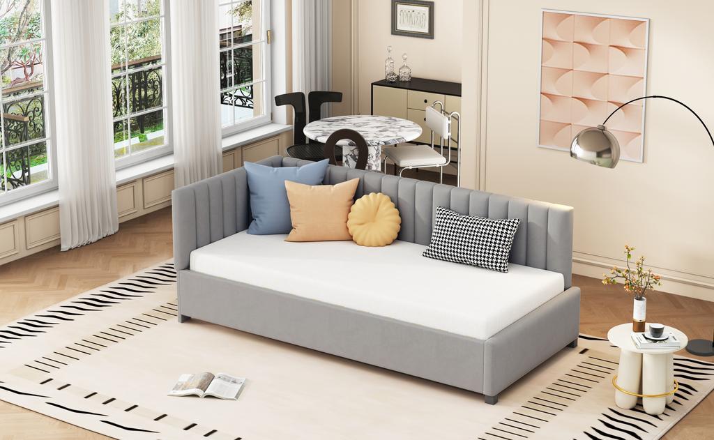 Upholstered Bed Sofa Bed 90*200 Multifunctional Bed with Slatted Frame Skin-Friendly Velvet Fabric Gray
