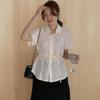 New ArrivalS Open Run Women S Sheer waiSt Strap Collar Short Sleeve blouSe