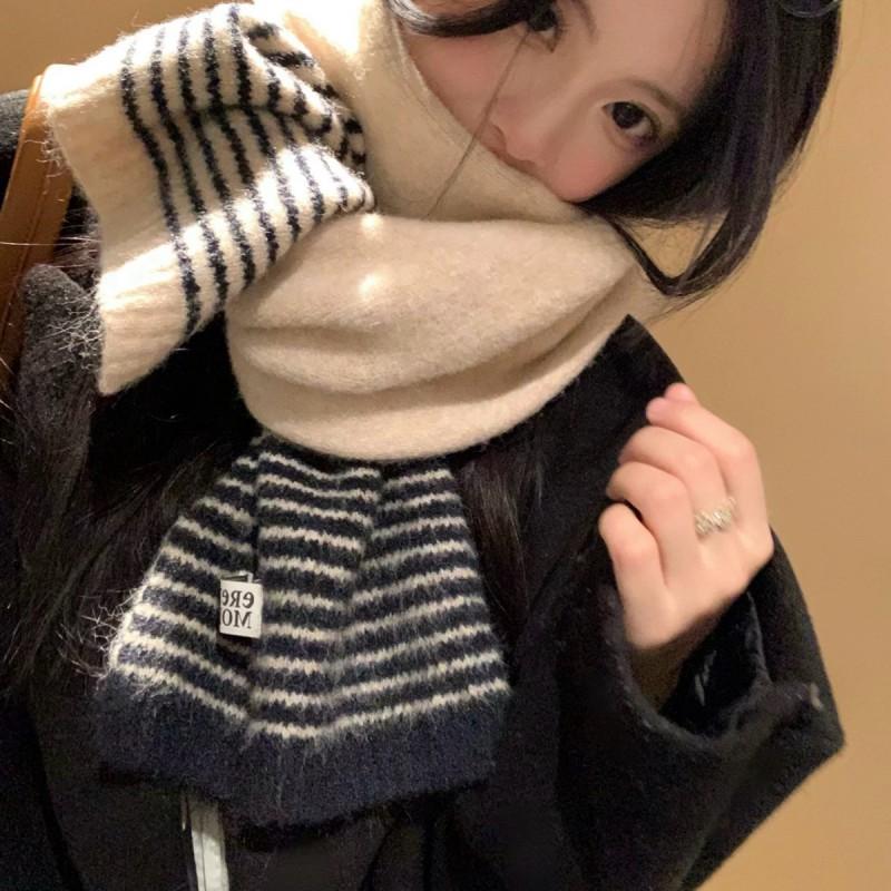 Korean Style Striped Knit Wool Blend Scarf Women Winter Warm Thick Neck Wrap