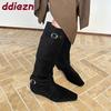 Fashion Fashion Flock Women Knee High Boots With Wedges Low Heel Shoes Buckle Female Pointed Toe Ladies Long Modern Boots Shoes Lady
