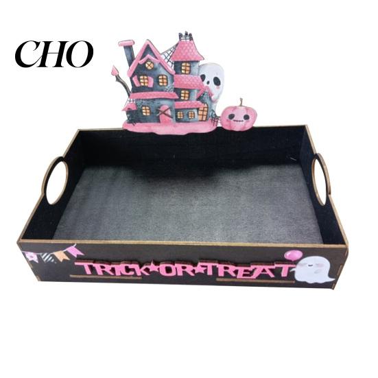 Holiday Home Decoration Halloween Witch Decorative Wood Serving Tray with Handle, Ghost Pumpkin Castle Table Decor Trick or Treat Dessert for
