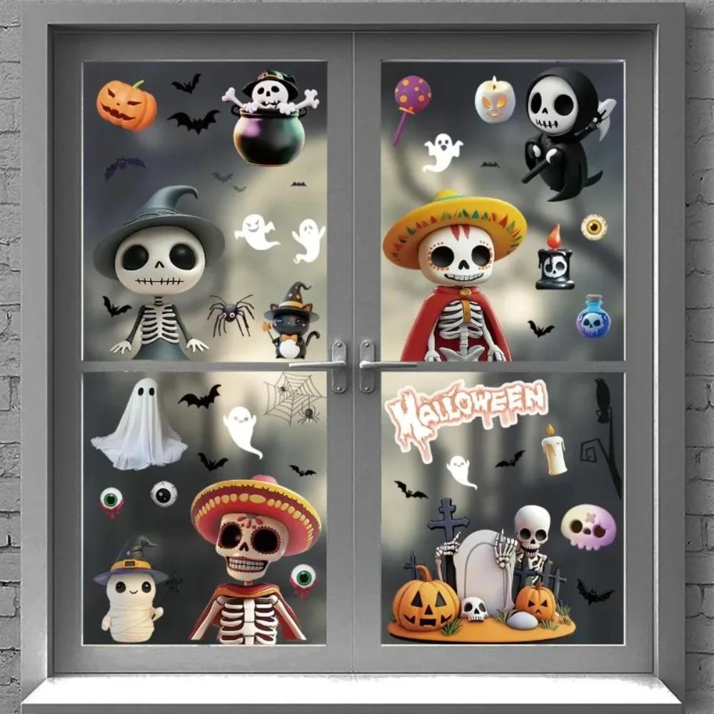 New Halloween Window Clings Static Stickers Cartoon Skeleton Ghost Double-Sided Reusable Decals For Glass Wall Party Decorations