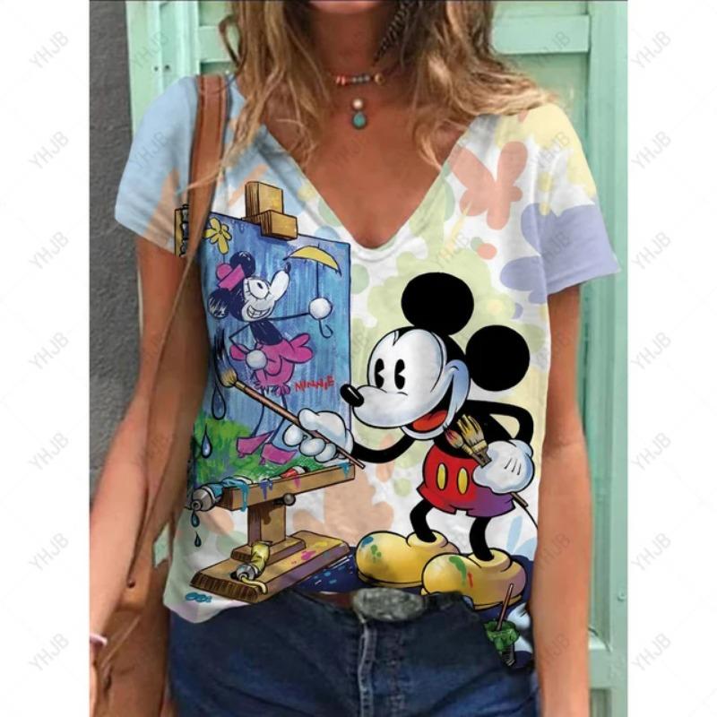 Letní Nové Dámské Tričko Disney Minnie Mickey Mouse Potisk Výstřih do V Krátký Rukáv Blůza Módní Nadměrná Trička Pro Ženy Top