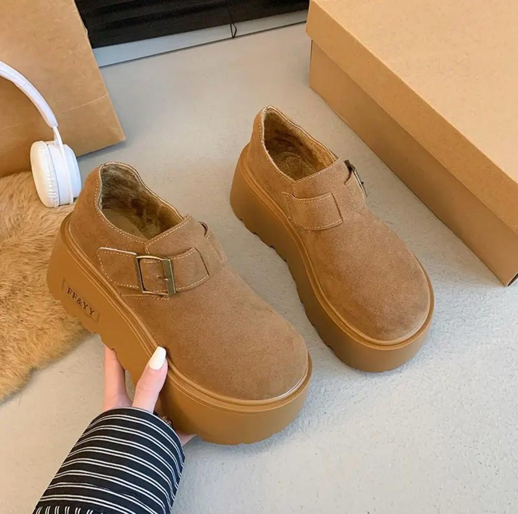 Sponge Cake Bag Head Thick-soled Birkenstocks Women's Velvet Small People Increase In Height, Warm Fluffy Shoes Cotton Shoes Increase In Velvet