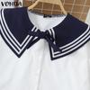 VONDA Women Naval Collar Bow Knot Short Sleeve Striped Buttons Up Blouse College Style