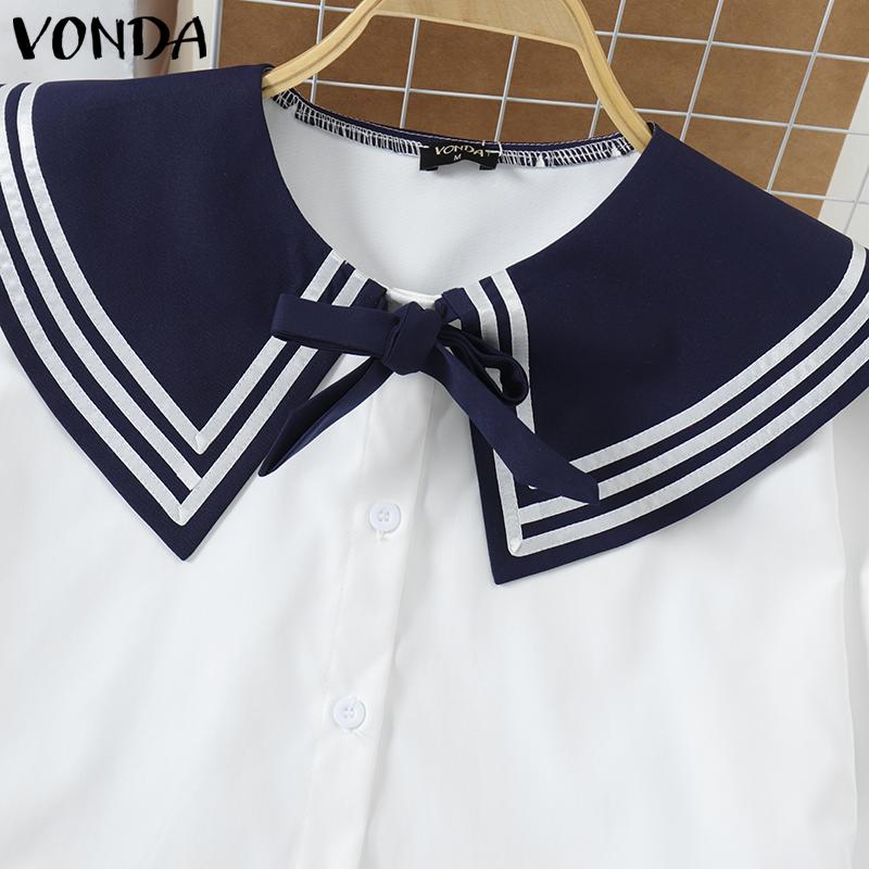 VONDA Damen Matrosenkragen Schleife Kurzarm Gestreift Knöpfe Bluse College-Stil