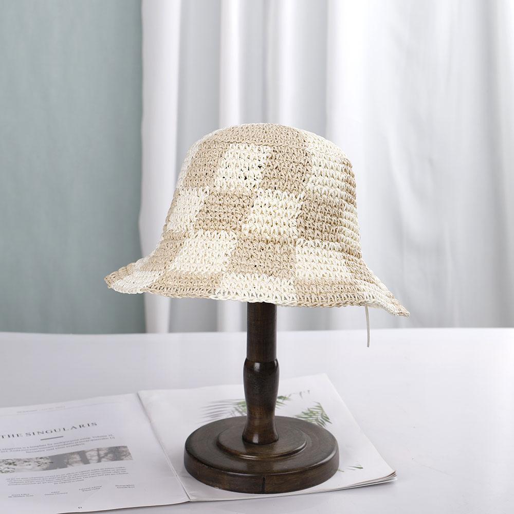 

2022 Womens Straw Hats Solid cool Panamas UV Protection Sun Visor Beach Hats Women Visors Foldable Female Lattice splicing hat 56-58cm бежевий