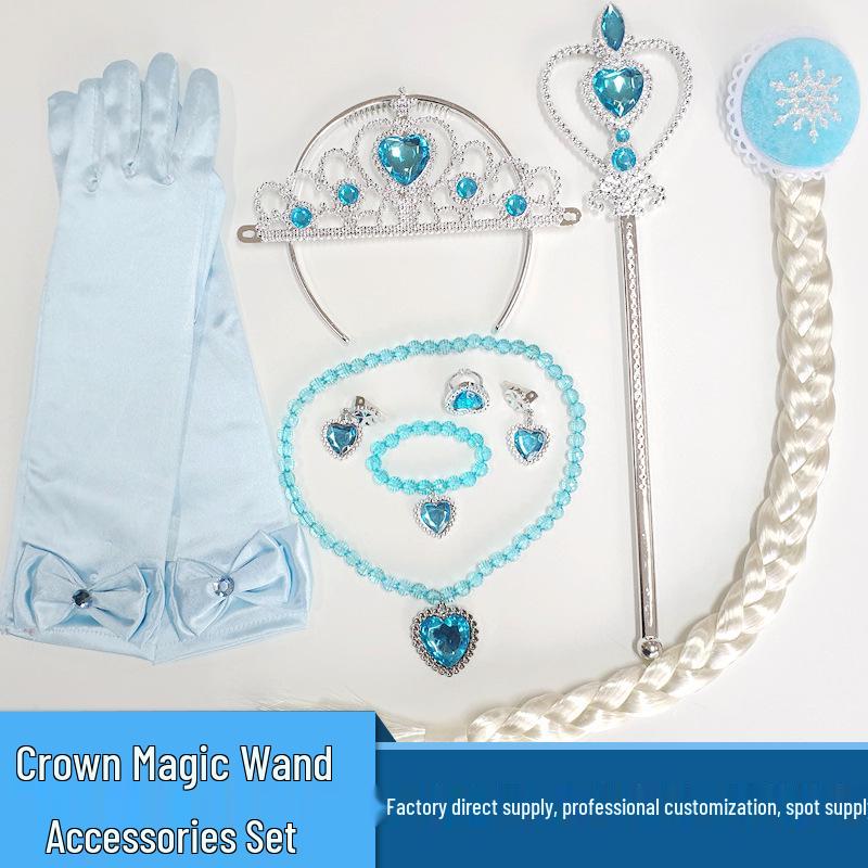 Kostümset zum Thema Die Eiskönigin: Krone, Zauberstab, Zöpfe, Halskette, Ohrringe und Handschuhe für Weihnachten & Halloween