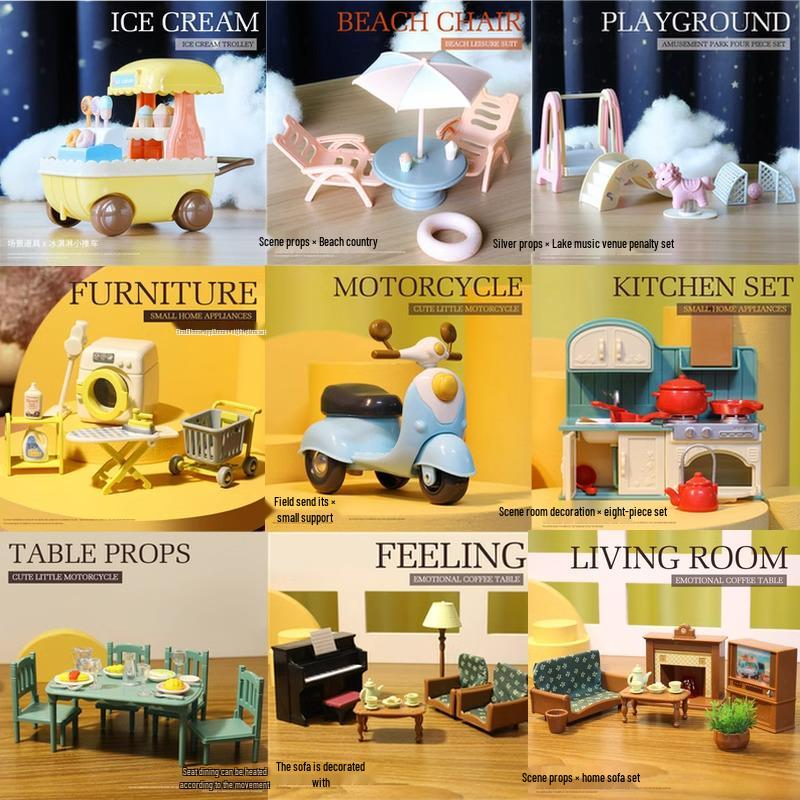 Mini Dollhouse Accessories: Bedroom & Kitchen Play Furniture Set