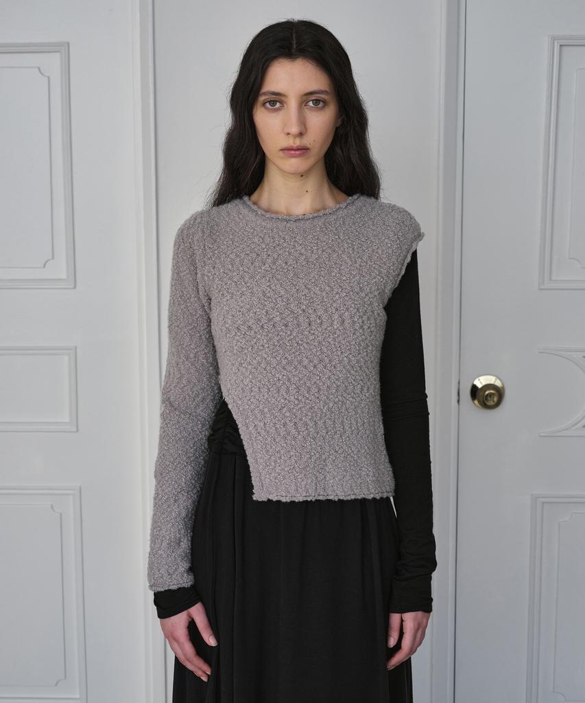 Simeteuligpeosenteu Unbalanced Boucle Knit Top / Beige