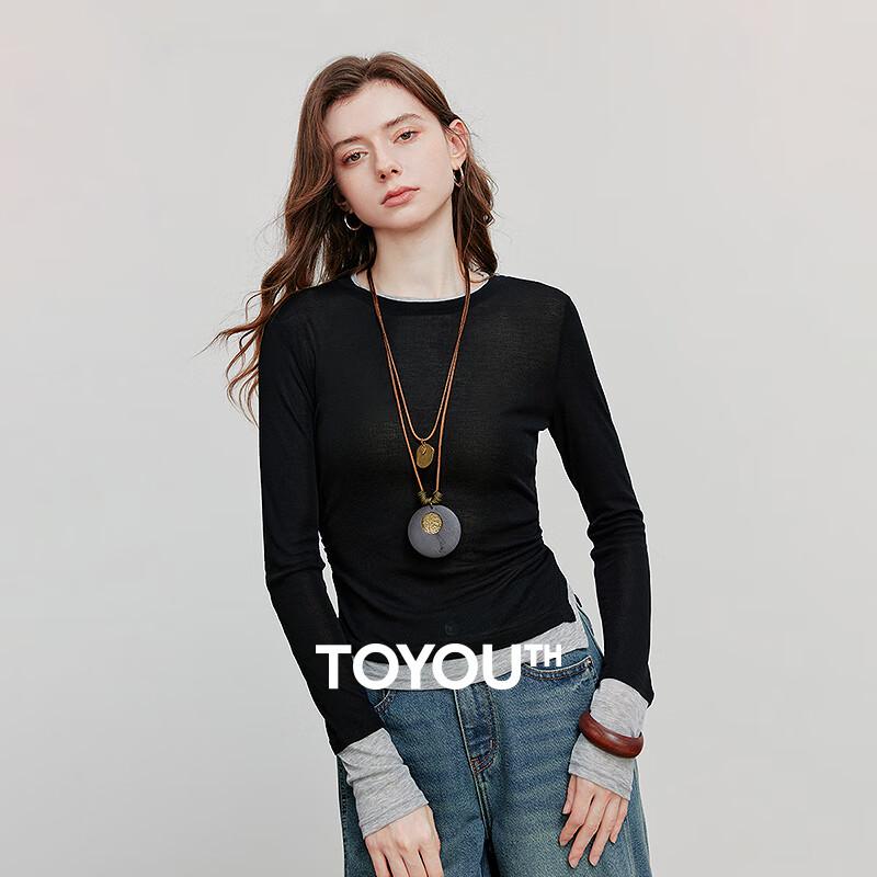 

Chuyu Women s Colorblock Faux Two-Piece Tencel Wool Long Sleeve Top S