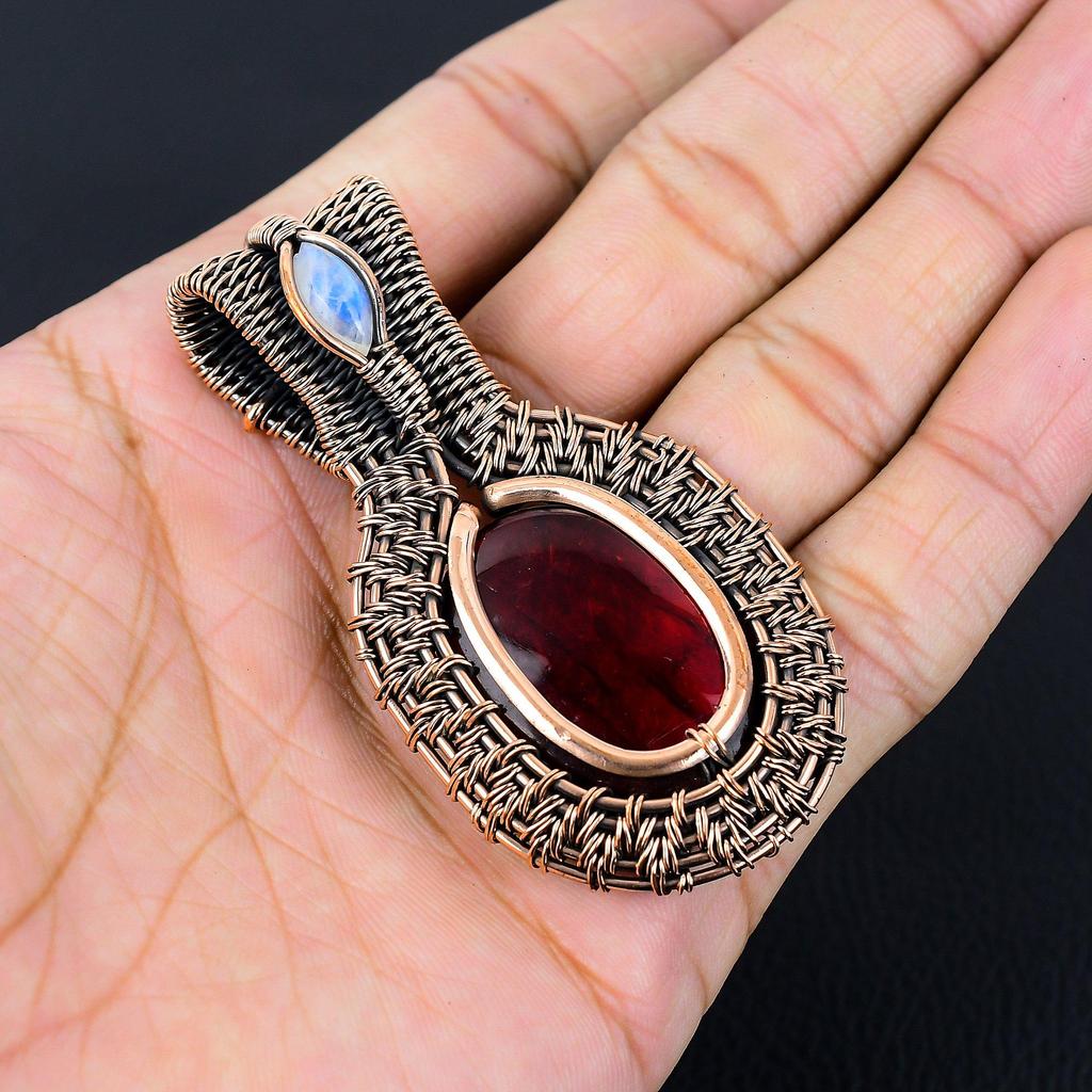 Red Flash Labradorite & Moonstone Gemstone Handmade Pure Copper Wire Wrap Jewelry Pendant