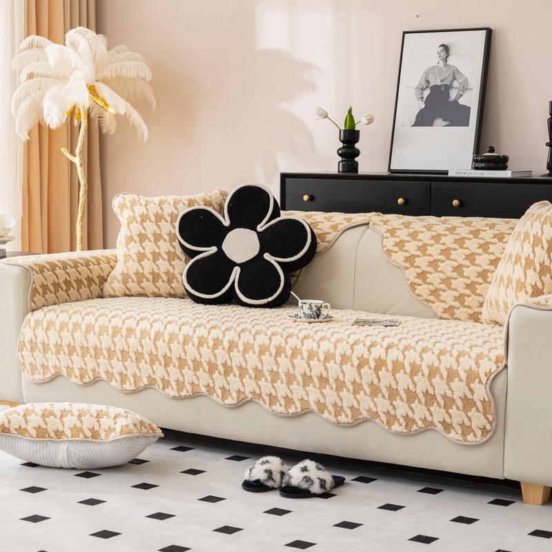Houndstooth Plush Sofa Cushion Winter New High-end Thickened Non-slip Cushion Leather Sofa Cover Cover Cloth Towel