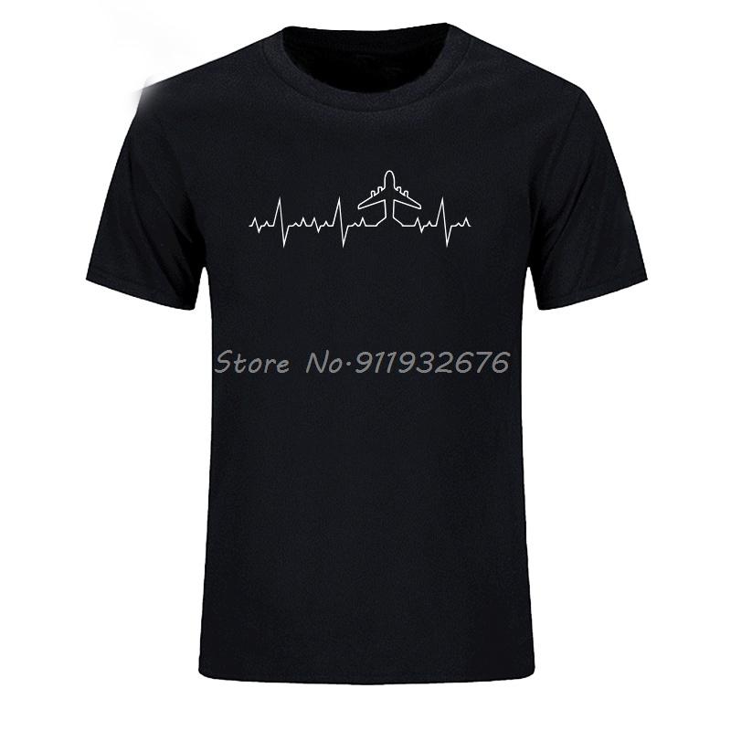 Print T Shirt Heartbeat Plane Pilot Funny T Shirt Men Short Sleeve Plane Driver T-shirt Men Cot