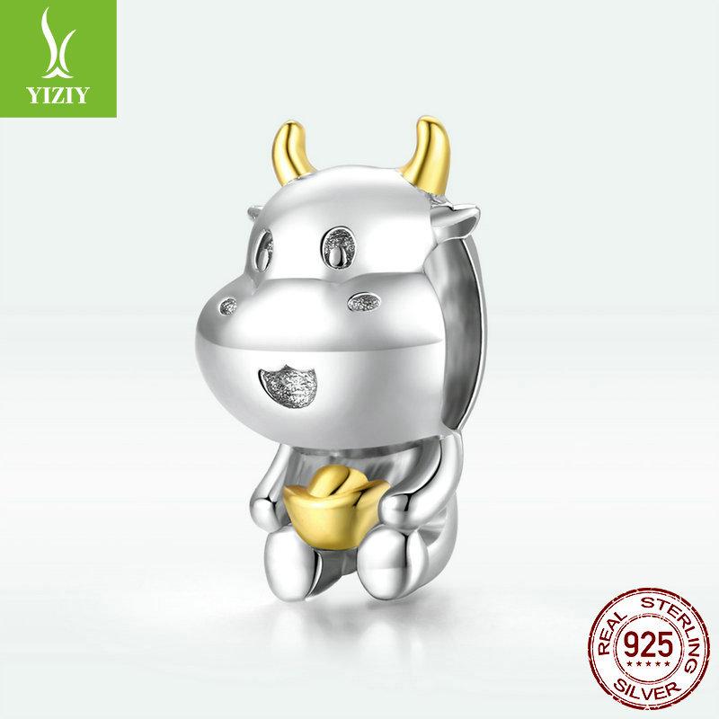 Lucky Niu Niu S925 Silberperlen, Vergoldet mit echtem Gold, Verspieltes Kälbchen, Glücksbringerperlen für das neue Jahr Scc1709