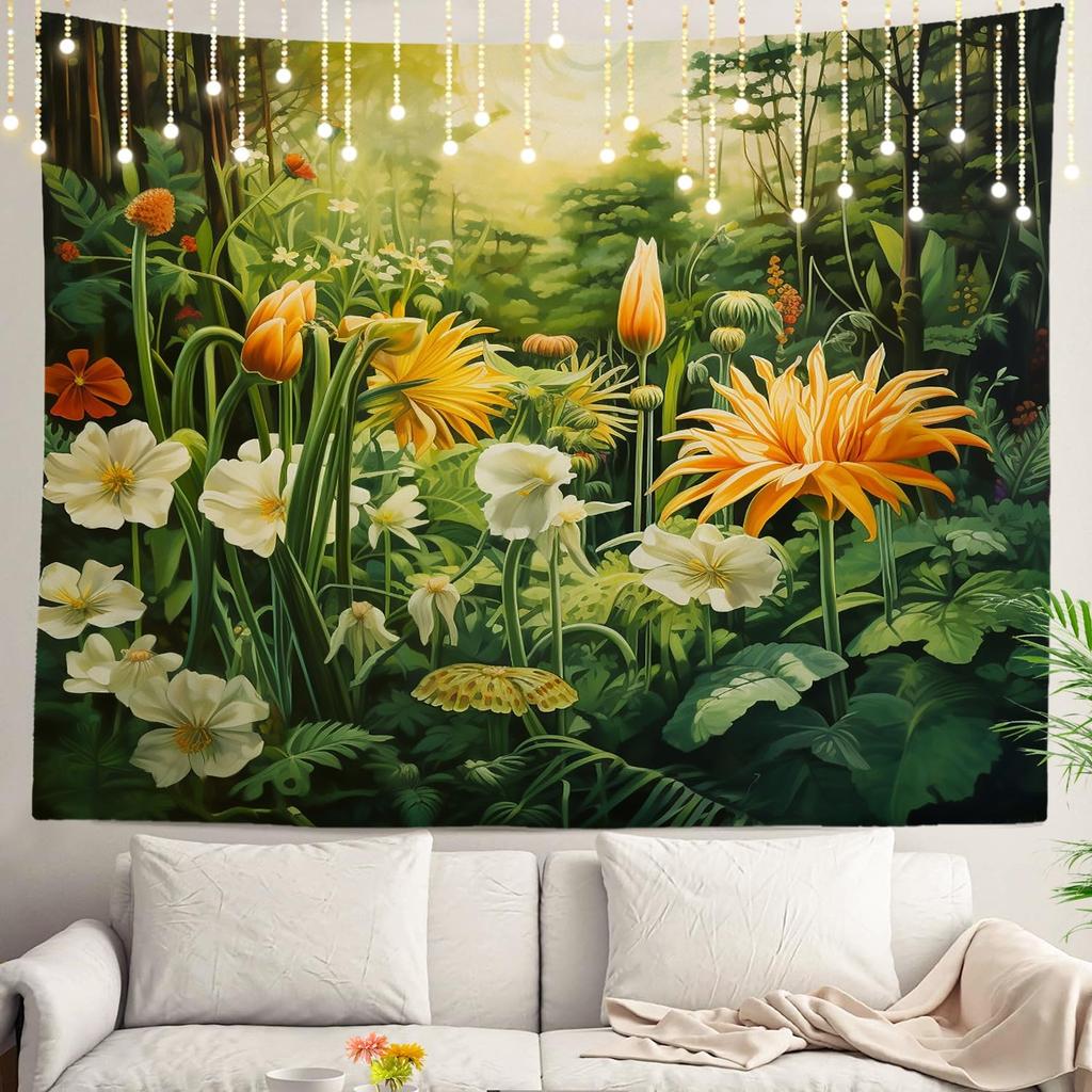 Floral Forest Tapestry  Vibrant Wildflowers  Greenery Wall Art Nature Decor for Dorm Bedroom 150x200cm59x79in