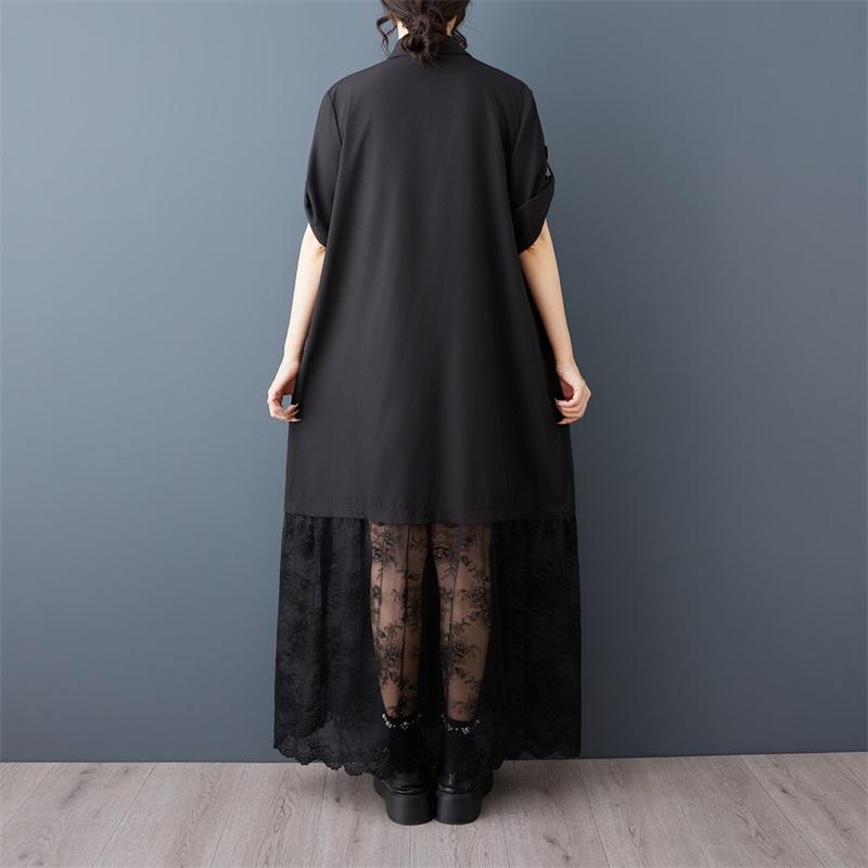 Kurzarm Übergröße Baumwolle Spitze Vintage Schwarz Neu in Kleider für Damen Freizeit Locker Lang Sommer Hemdbluse