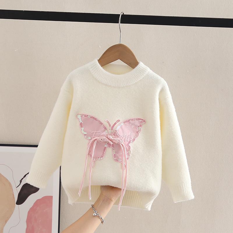 Autumn and Winter Children's Sweater Pullover Girls' Round Neck Knitwear Mink Down Children's Western Cartoon Long Sleeve