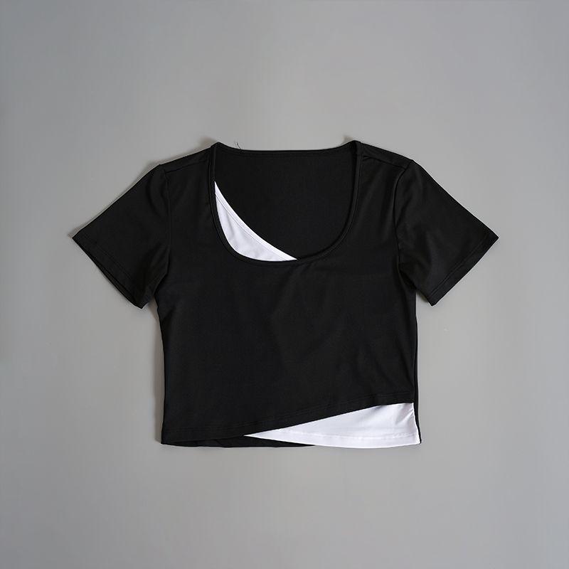 

Одежда для пилатеса и йоги Женская летняя тонкая свободная быстросохнущая для упражнений с коротким рукавом Профессиональная для бега Фантазийный тренировочный топ Black short sleeve S