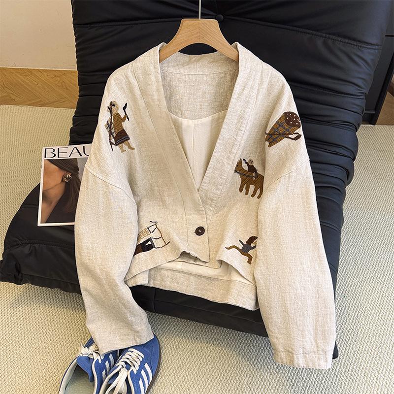 Chic Embroidered V-Neck Women's Jacket - 2025 Autumn Collection, Plus Size, Loose Fit, Short Style